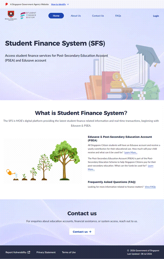The Student Finance System (SFS) landing page. The Student Finance System (SFS) landing page.
